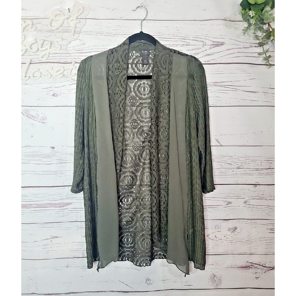 Chico's Travelers Green Crochet Lace Open Front Knit Cardigan Sweater Womans MD